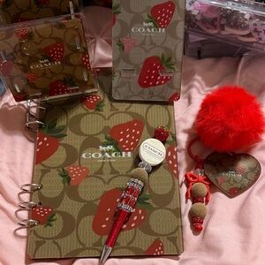Strawberry Print 5 piece Stationery Set with Red and Green Accents.